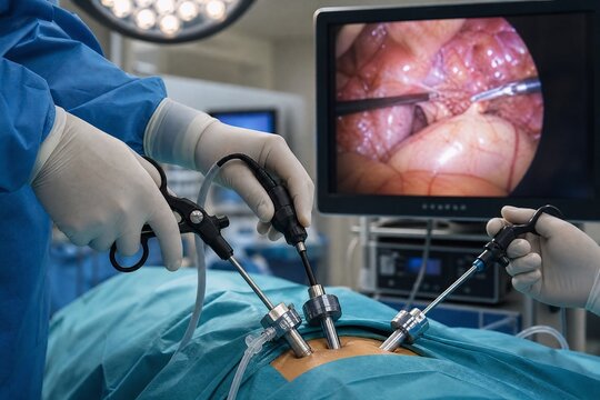 Surgeon performing laparoscopic surgery. Minimally invasive operation with medical equipment.
