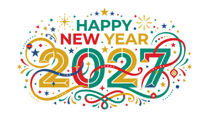Fototapeta premium Happy New Year 2027 Design: A vibrant and festive design celebrating the arrival of the new year, featuring the text Happy New Year 2027 adorned with confetti, stars, and swirling decorative elements.