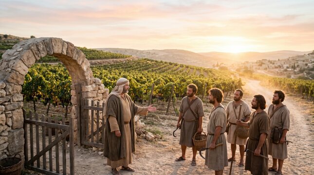 Landowner man speaking with group of hired laborers at vineyard entrance. Biblical parable of workers in vineyard. Ancient historical scene for religious education and tradition.