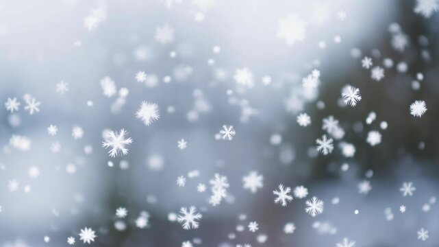Slow motion shot of white snowflakes falling gently against blurred winter forest background, soft bokeh light