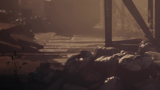 In a dimly lit area during early morning, objects are scattered along a path. Garbage bags and debris are piled near wooden structures. The scene appears forgotten and neglected.