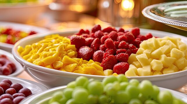 Colorful assortment of fresh cut fruits in bowls, ready to serve