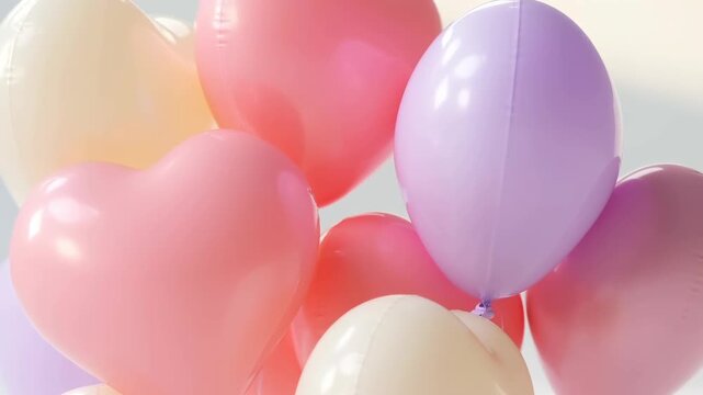 Close up shot of pastel heart shaped balloons slowly floating down, colorful romantic party decoration background