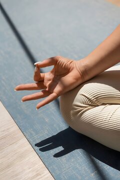 Authentic close-up of a hand practicing a meditation mudra on a yoga mat in warm natural sunlight. Real lifestyle wellness moment with soft shadows, mindful balance, relaxation, and healthy living.