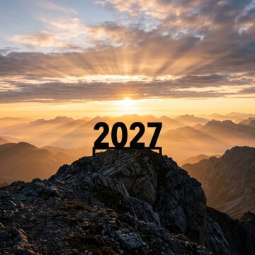 2027 Year Silhouette on Mountain Peak at Sunrise.