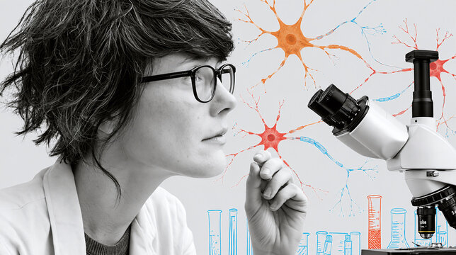 Neuroscience researcher in white lab coat using electronic microscope, colorful illustrated neurons with axons and dendrites, and drawn lab glassware in dynamic scientific photo‑collage composition