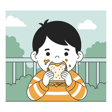 Young boy eating a messy sandwich outdoors in a park