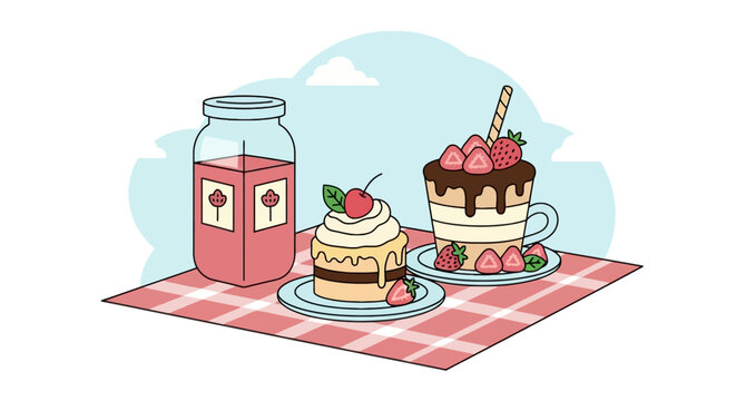 Pixel art picnic scene with strawberry desserts and drink