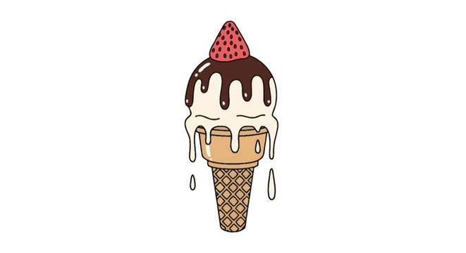 Melting vanilla ice cream cone with chocolate syrup and strawberry