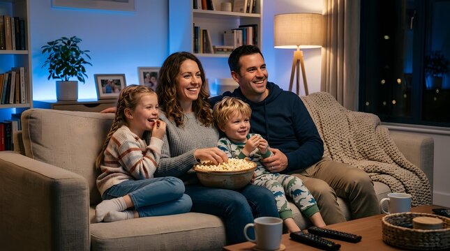 Family watching tv on couch