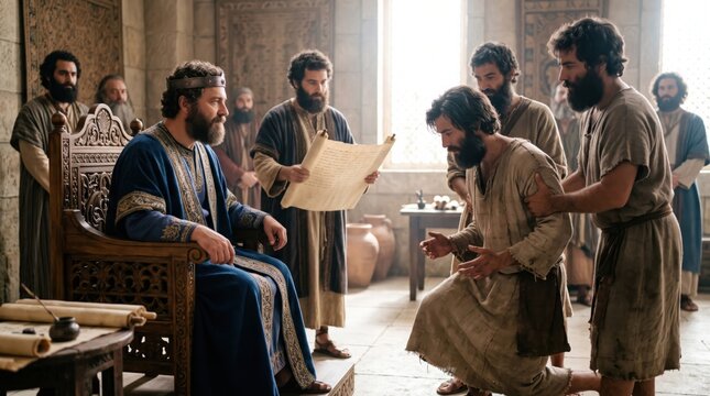 Biblical scene with king sitting on throne and man kneeling before him to ask for mercy. Concept of forgiveness and debt reconciliation from the Parable of the Unmerciful Servant.