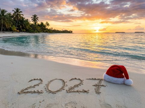 2027 written in sand with Santa hat on tropical beach at sunset.