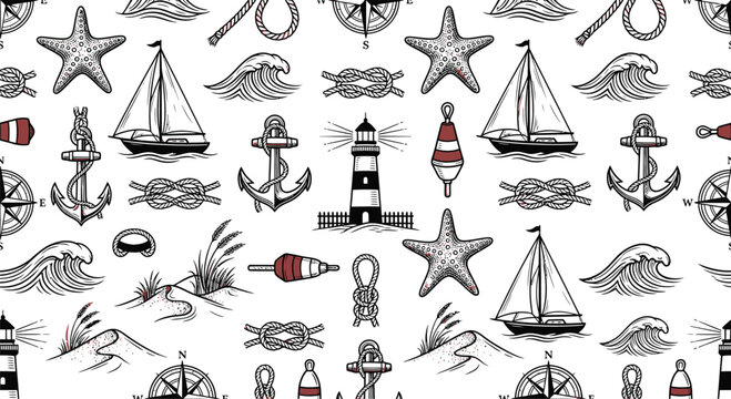 Seamless nautical vector pattern featuring sailboats, anchors, lighthouses, and starfish in a clean black and red line art style. Ideal for maritime stationery, coastal decor, and fabrics.