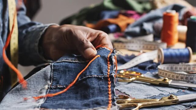 Hands sewing denim fabric with orange thread and crafting tools