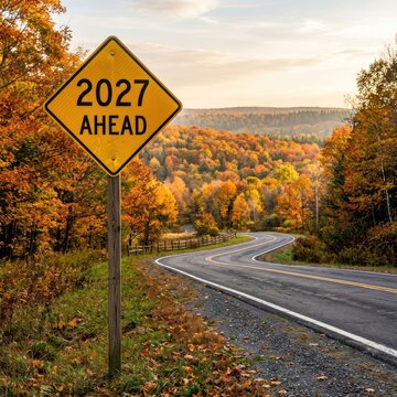 2027 Ahead Road Sign on a Scenic Autumn Highway.