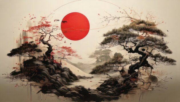 Japanese Sumi-e Landscape with Red Sun and Bonsai Trees.