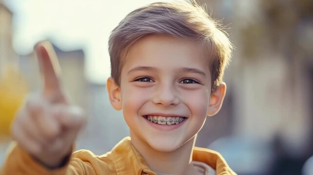 A cheerful young child with a toothy smile and hand extended forward.