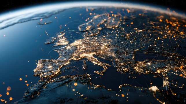 Earth's night side lit by glowing cities and connecting light pathways