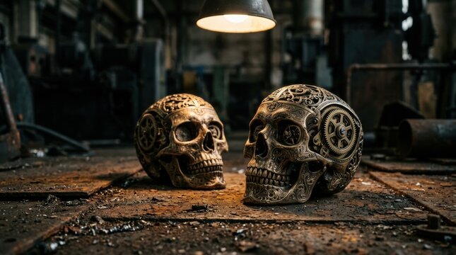 Two mechanical steampunk skulls on a dark rusty workshop floor
