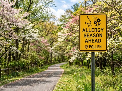 Allergy Season Ahead Pollen Sign on a Path Lined with Blooming Trees.
