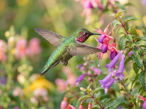 Annas Hummingbird Hovering Near Vibrant Fuchsia Flowers in a Lush Garden.