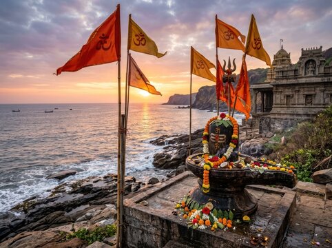 Ancient Shiva Lingam Shrine by the Sea at Sunset with Vibrant Flags.