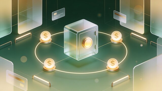 A high quality illustration of a digital safe box with glowing dollar coins. This clean minimalist image is suitable for banking security, financial saving blogs, and wealth advice.