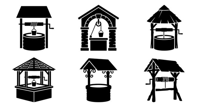 Well Silhouettes Black Vector Illustrations Of Traditional Water Sources