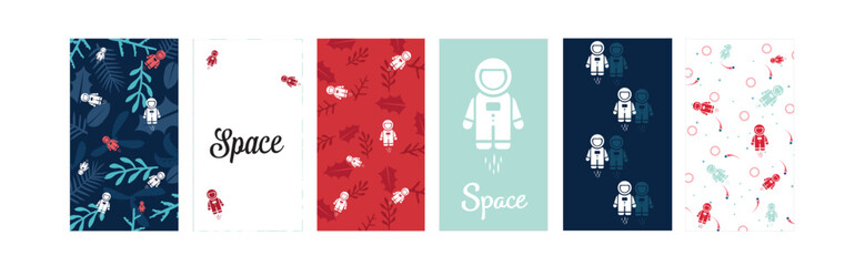Colorful space-themed designs featuring astronauts and whimsical patterns. © Premium_art