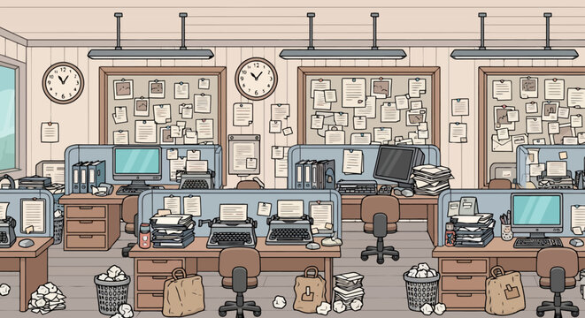 Cluttered and busy office cubicles with computers and paperwork.