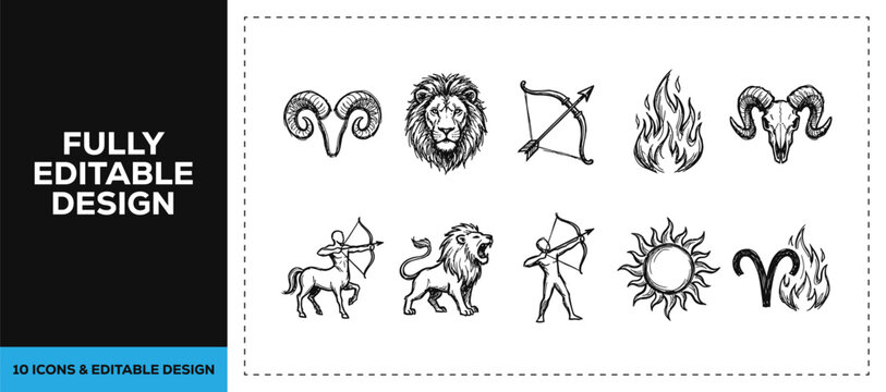 Black ink scribble hand drawn astrology zodiac signs icon set featuring ram lion and archer for horoscope branding and professional vector doodle cosmic star map design art res.