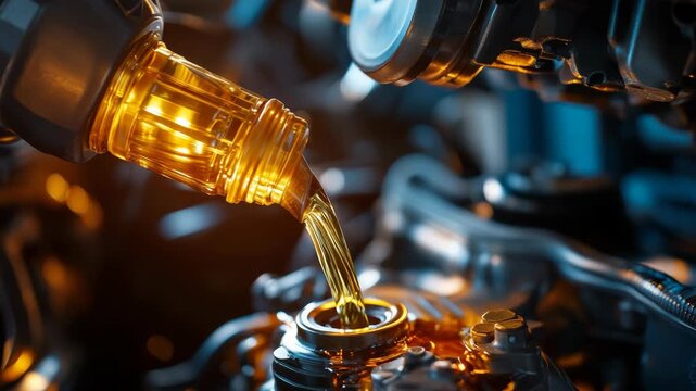 High-tech machinery with golden liquid pouring into engine components.