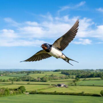 Barn Swallow in Flight Over Lush Green Fields Under a Bright Blue Sky.