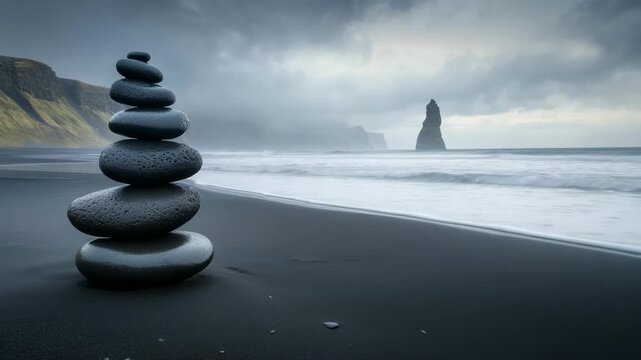 Reflective meditation on serene beach with stacked stones in foreground and dramatic landscape of cliff and ocean storm clouds in background