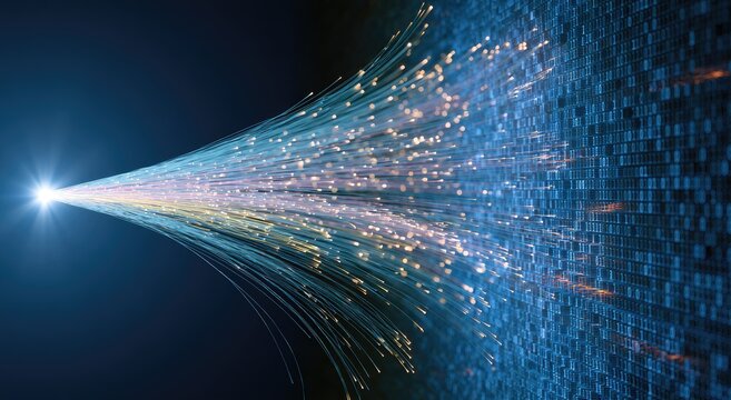 Bright light converges into digital data stream against dark blue background
