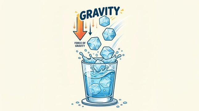 Educational graphic showing ice cubes falling into water demonstrating force of gravity.