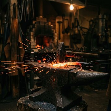 Blacksmith Forging Metal on Anvil with Sparks Flying in Dark Workshop.