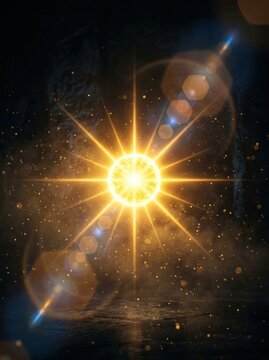 Bright Golden Starburst with Lens Flare and Cosmic Dust in Dark Space.