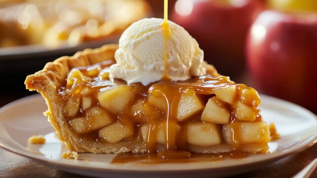 Close up of a slice of apple pie topped with whipped cream and a candle, ready to celebrate.