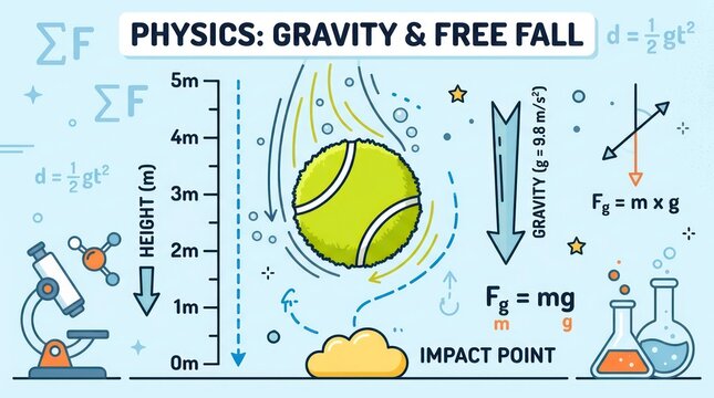 Physics education diagram showing gravity and free fall with tennis ball and math formula.