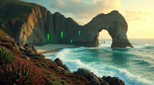 fantasy coastal view with natural rock arch and glowing green caves at sunset
