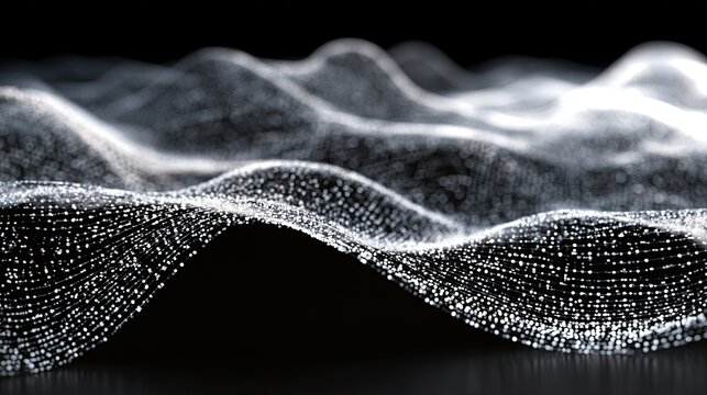 A flowing, shimmering wave of tiny, bright particles against a dark background
