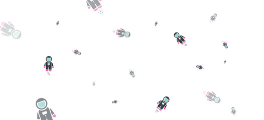 Colorful cartoon astronauts floating in a whimsical, minimalist space environment. © Premium_art