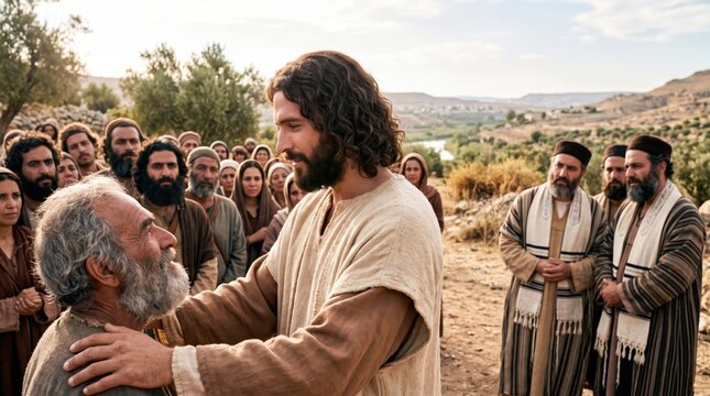 Jesus Christ touches the shoulder of an elderly man in a group. Biblical scene depicting the ministry of Jesus among followers and pharisees in the desert. Historical religious concept.