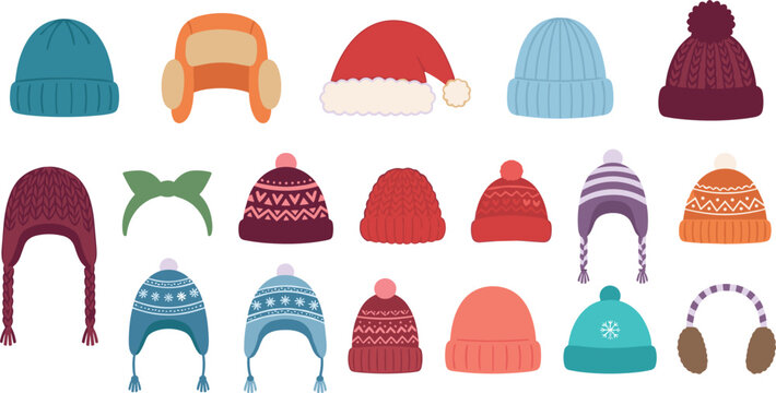 Winter Hat Vector Icon Set Featuring Knitted Beanie, Ushanka, Santa Cap, and Ear Muffs for Seasonal Outerwear Fashion, Holiday Greetings, and Cold Weather Graphic Designs