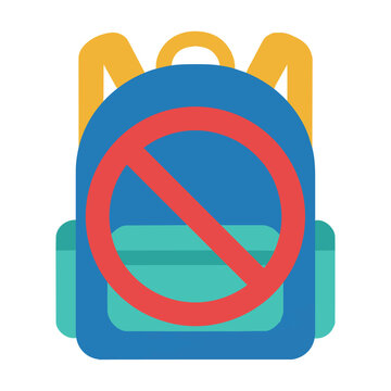 Blue and yellow backpack icon with a circular prohibition symbol on a white background representing restricted access or no bags allowed policy concept