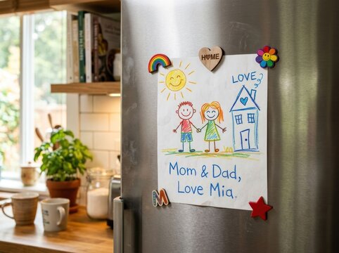 Childs Drawing of Family and Home on Refrigerator with Magnets.