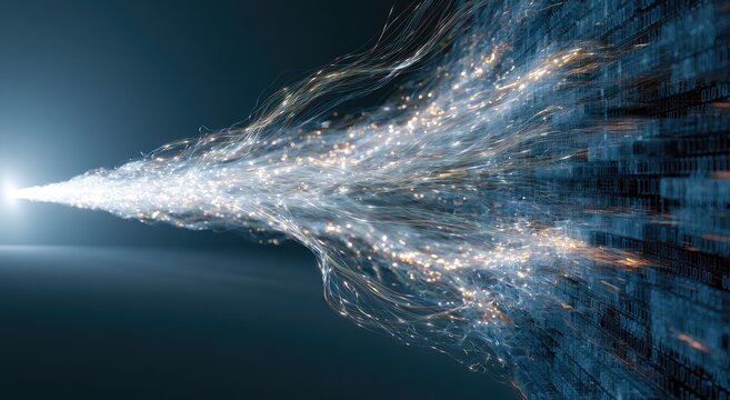 Abstract energy streams converge into a digital data matrix