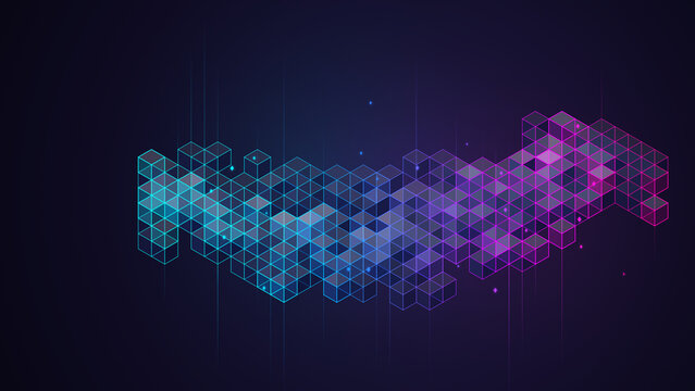 Abstract Digital Background Featuring Glowing Isometric Cube Structures Representing Technology, Connectivity, and Data Visualization Innovation