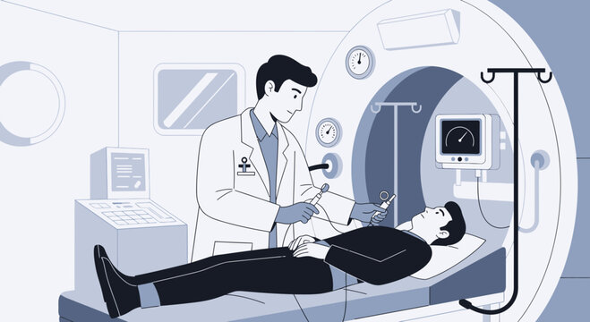 Doctor treating patient in hyperbaric oxygen therapy chamber, medical treatment concept